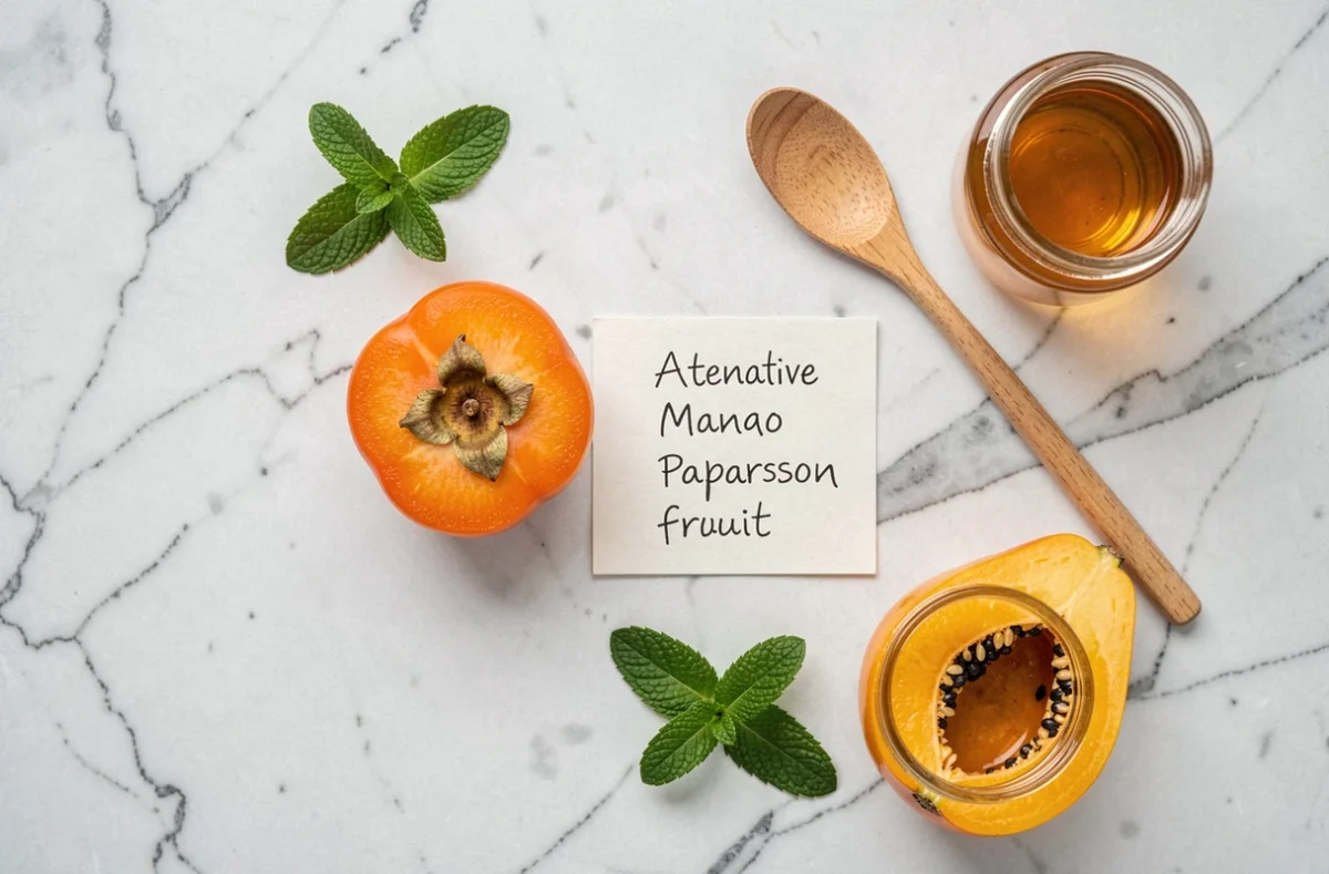 Disposition à plat d'un kaki coupé avec des alternatives alimentaires comme la mangue et la papaye sur marbre blanc, idéal pour illustrer les substituts en cas d'allergie au kaki