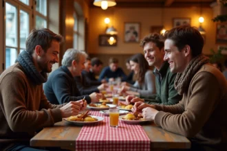 Trois amis dégustant des plats traditionnels dans un bouchon lyonnais