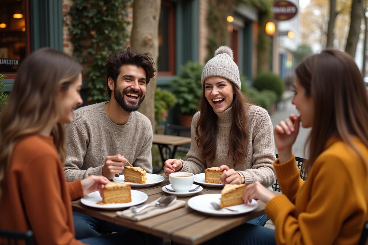 Groupe d amis partageant un gâteau pomme cannelle en extérieur