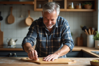 Homme appliquant une huile naturelle sur un plan de travail en cuisine