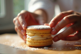 Les mains d'un chef assemblant une dacquoise délicate