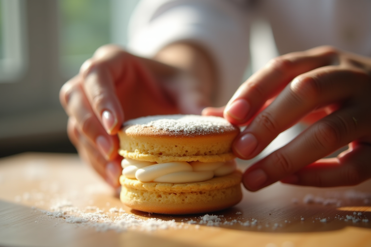 Les mains d'un chef assemblant une dacquoise délicate
