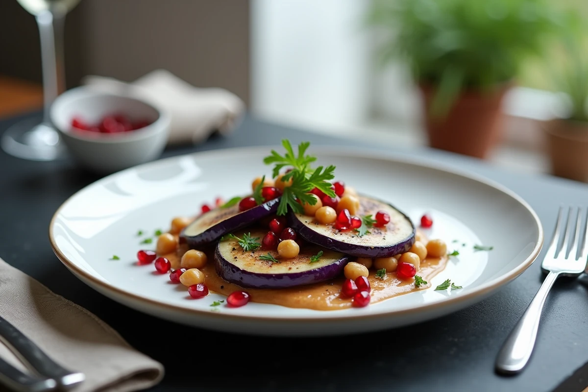 Assiette végétalienne d'aubergines rôties avec pois chiches grenade et sauce tahini sur table en ardoise