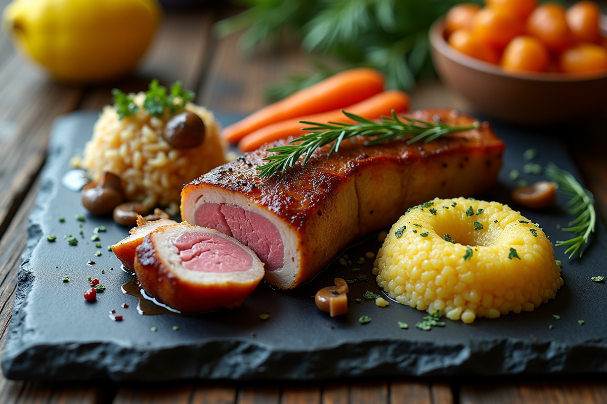 Gros plan sur assiette de magret de canard et légumes variés