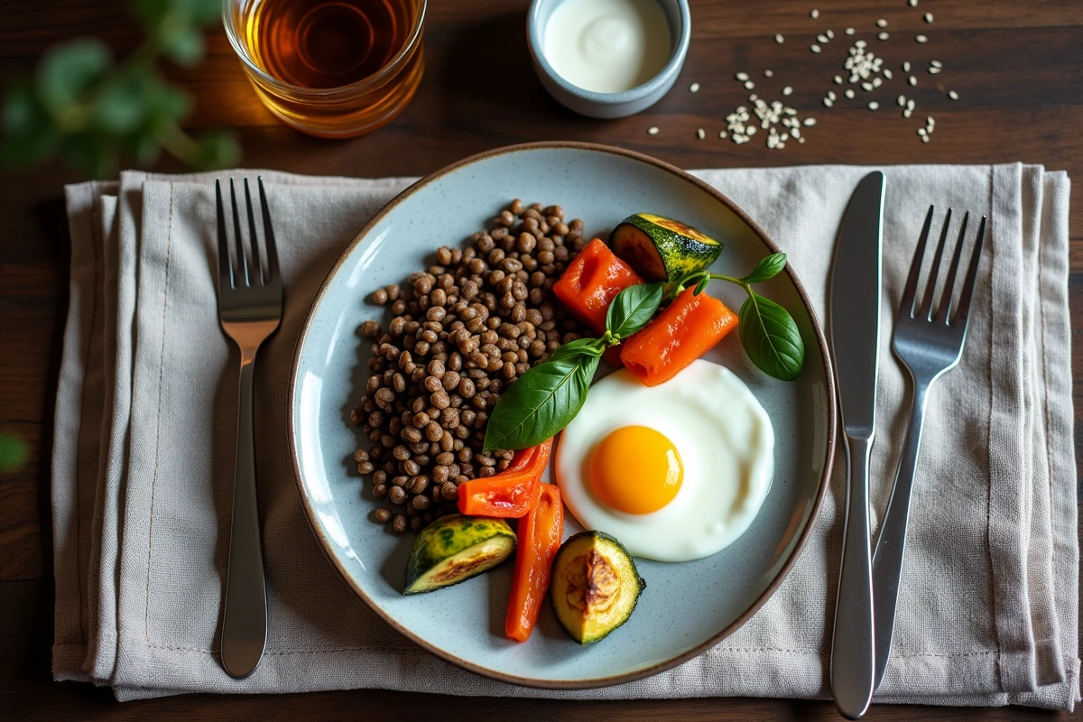 Assiette équilibrée du soir après le sport avec lentilles, légumes rôtis, œuf et yaourt grec en vue de dessus