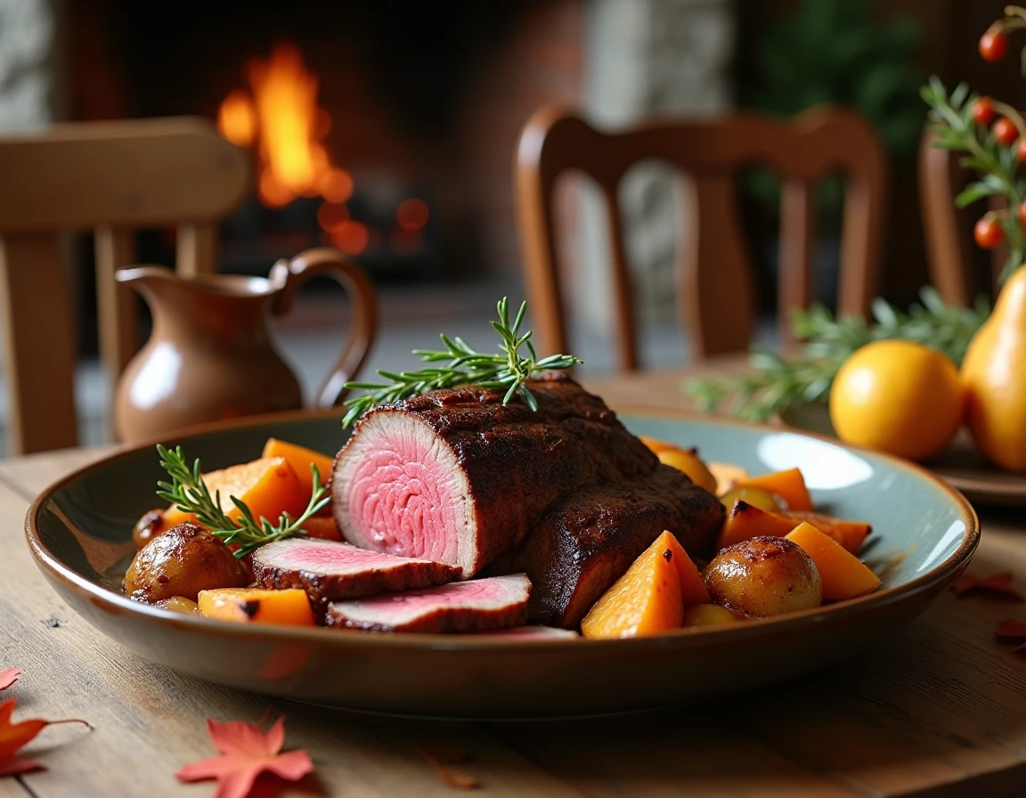 Assiette de gigot de chevreuil tranché aux épices douces avec légumes rôtis sur une table familiale automnale
