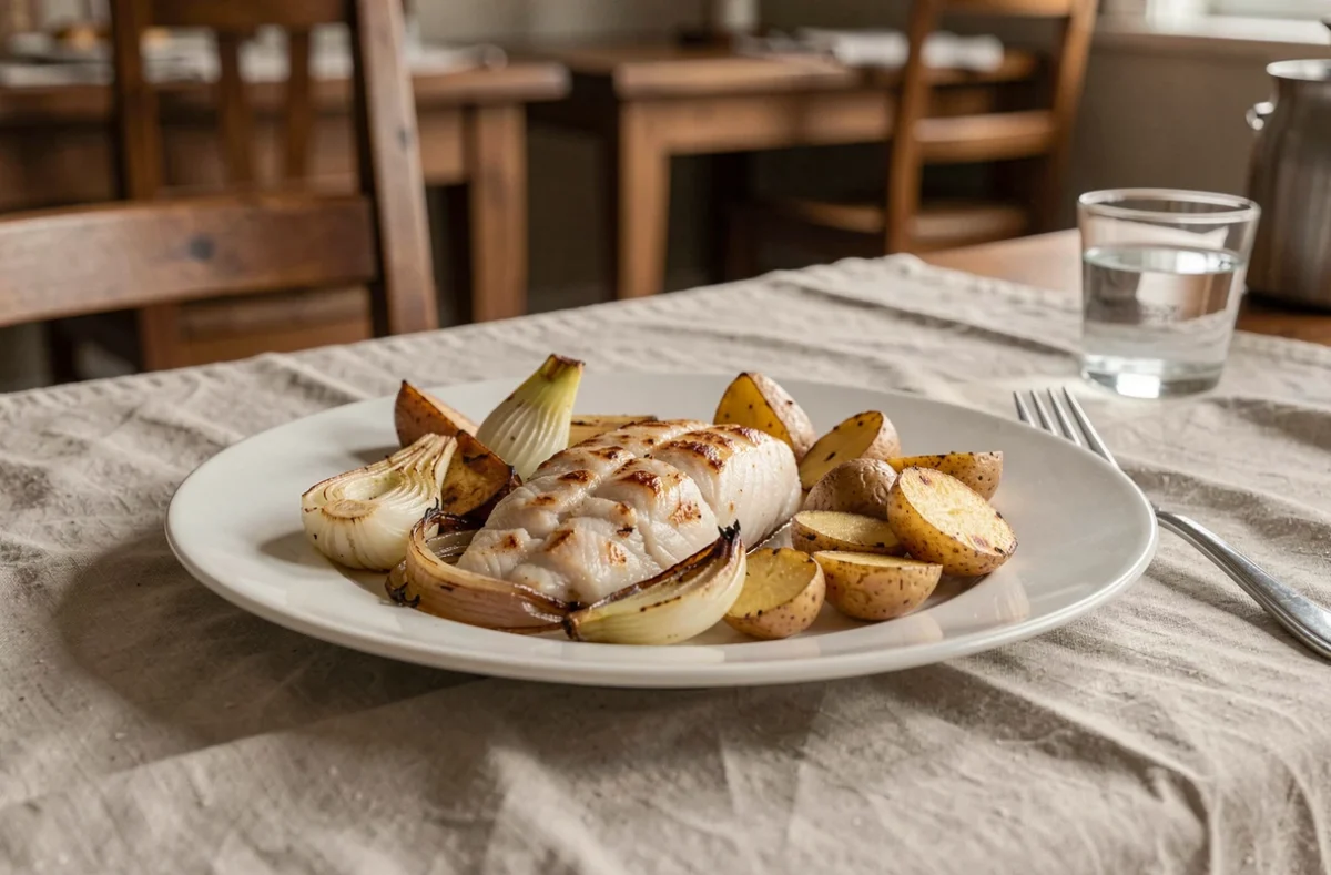 Assiette de filet de poisson blanc au four accompagné de légumes rôtis comme le fenouil, les oignons et les pommes de terre sur une table dressée en lin