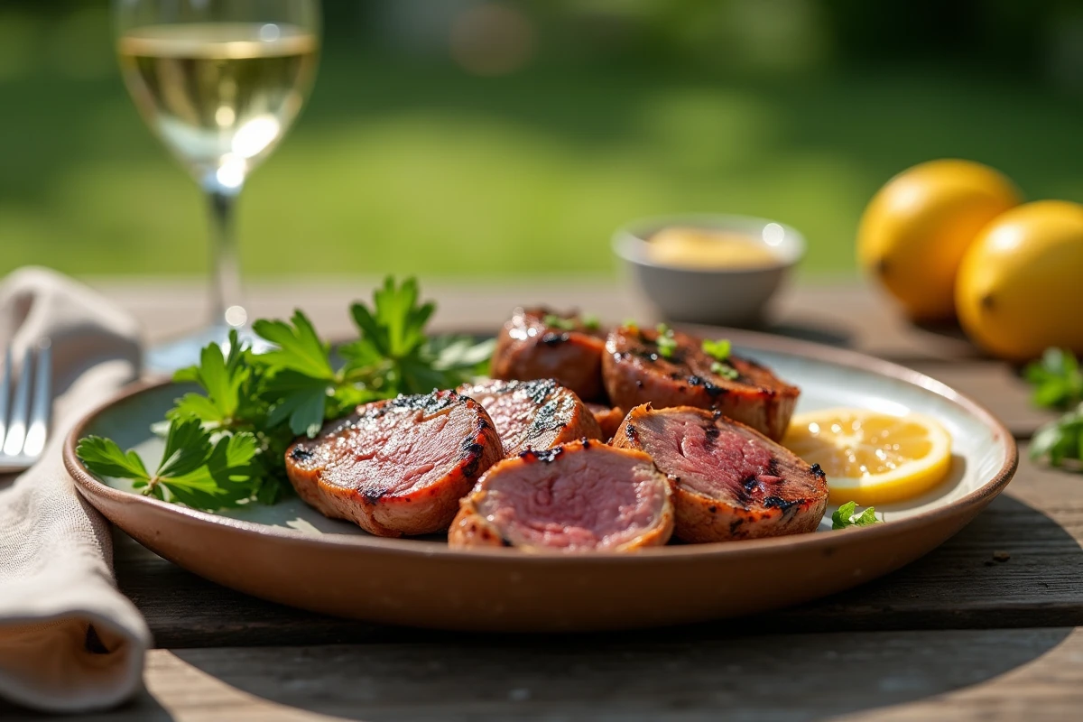 Assiette de rognons de veau grillés tranchés avec sauce moutarde et persil frais, servis lors d'un repas estival en terrasse