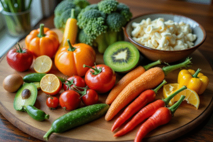 Assortiment de fruits et légumes exotiques en Z sur une table