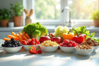 Assortiment de légumes fruits et noix dans des bols lumineux