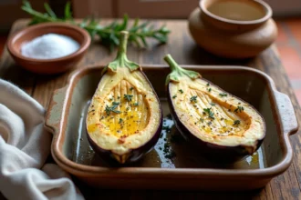 Aubergines coupées en deux et huilées prêtes à cuire au four dans un plat en céramique rustique, régime méditerranéen