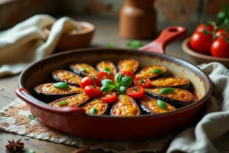 Plat d'aubergines rôties vegan au four avec tomates et basilic frais dans un plat en céramique rustique