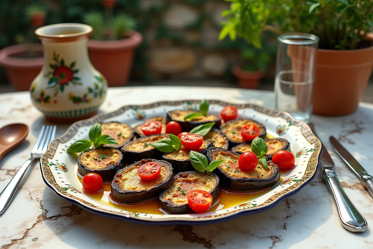 Plat d'aubergines rôties au four garnies de basilic et tomates cerises sur une terrasse méditerranéenne