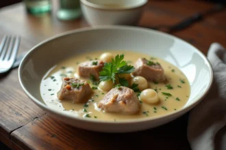 Blanquette de veau crémeuse servie dans un bol blanc avec persil frais sur table en chêne, recette Cookeo rapide