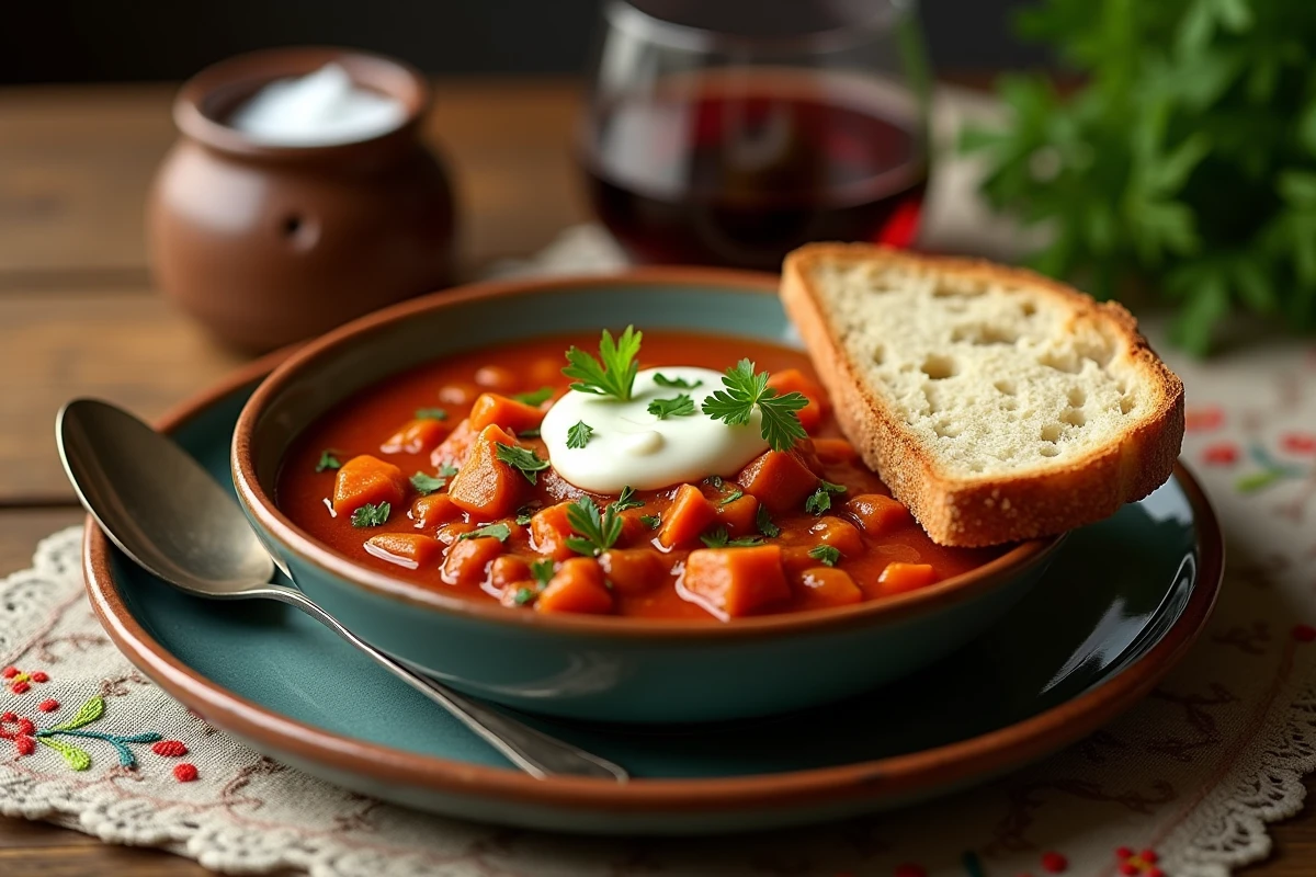 Bol de goulash hongrois authentique servi avec pain de seigle, crème fraîche et persil haché sur une nappe brodée traditionnelle avec verre de vin rouge hongrois