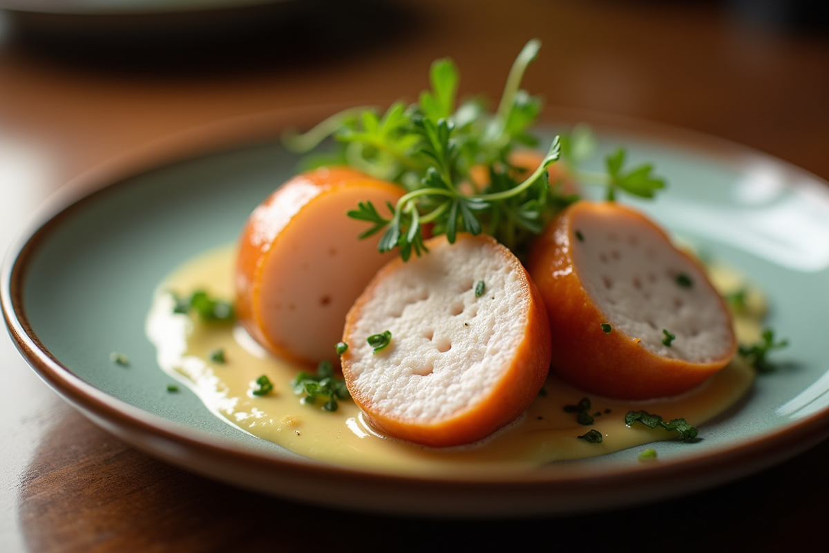Tranches de boudin blanc avec microgreens et sauce légère