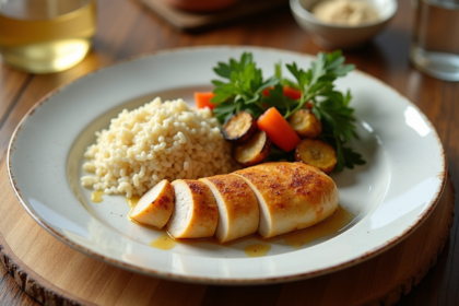 Boudin blanc élégant avec légumes rôtis et herbes fraîches