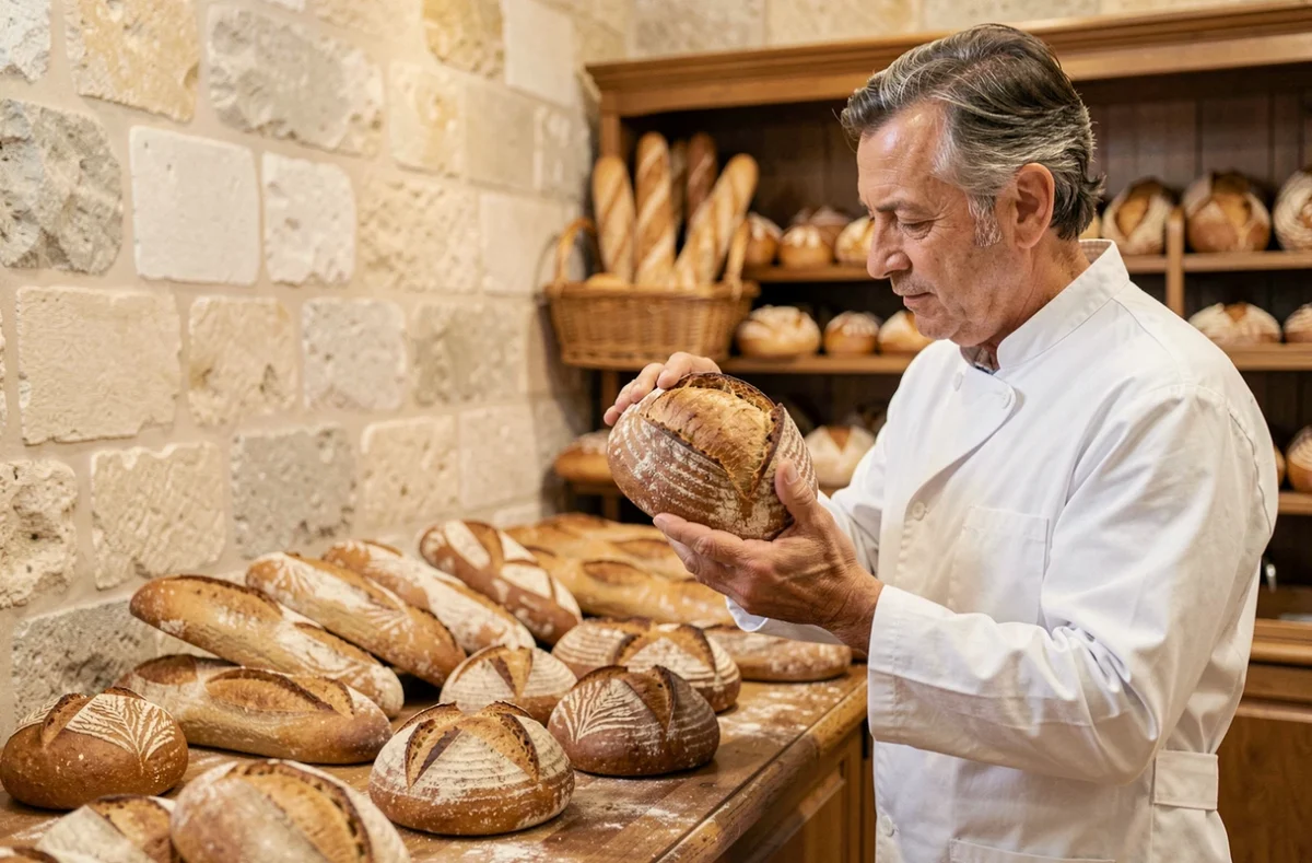Boulanger examinant un pain artisanal soigneusement façonné dans la boulangerie Jean Marc Bordonnat à Avignon
