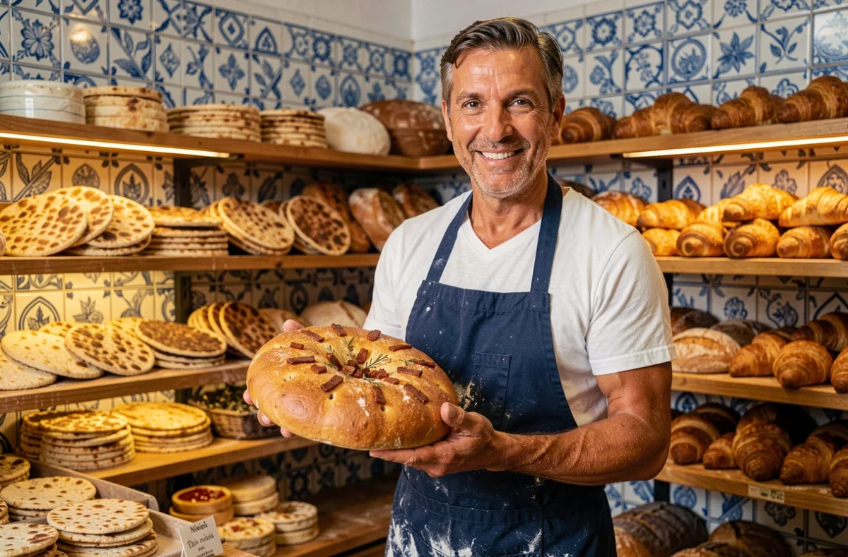 Boulanger présentant une fougasse aux herbes et lardons dans la boulangerie Jeannot à Nice