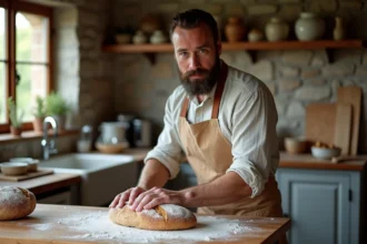 Homme moyenâgeux façonnant une boule de pain rustique dans une cuisine chaleureuse