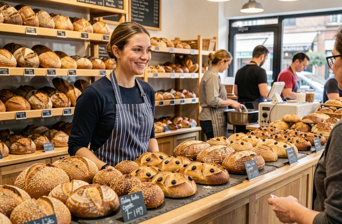 Comptoir de la boulangerie Pain Pan à Marseille avec pains artisanaux variés et fougasse aux olives