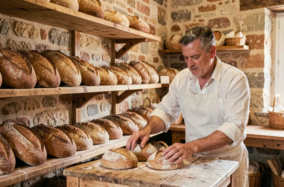 Boulanger arrangeant des pains au levain sur un comptoir en bois dans la boulangerie Soulier à Arles