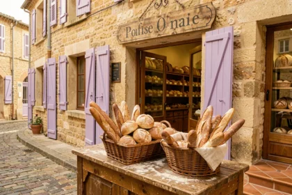 Devanture pittoresque d'une boulangerie provençale avec baguettes et pains rustiques dans un panier en osier