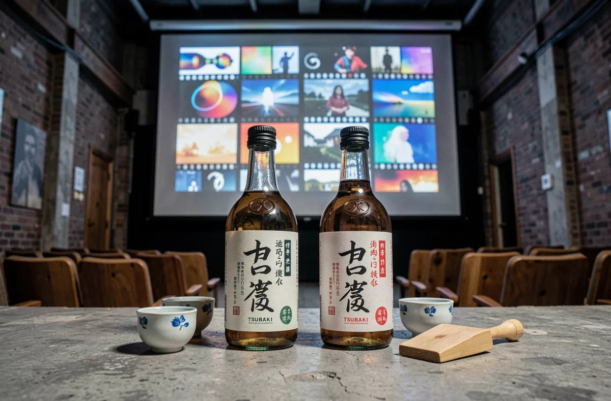 Deux bouteilles de soju Tsubaki sur béton brut devant un écran de cinéma projetant des images de film dans une salle art house industrielle
