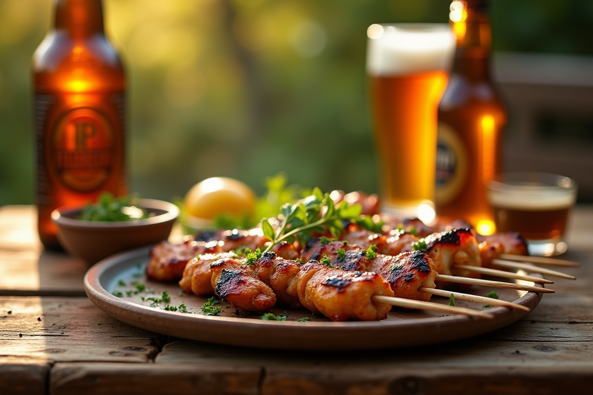 Brochettes de poulet marinées à l IPA avec herbes fraîches sur une table en bois
