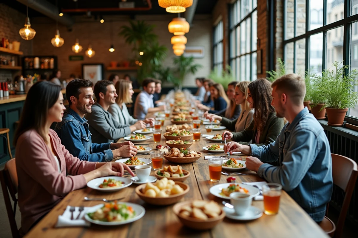 Scène de brunch animé et convivial dans un café-restaurant tendance de Lille avec décoration industrielle et plats à partager