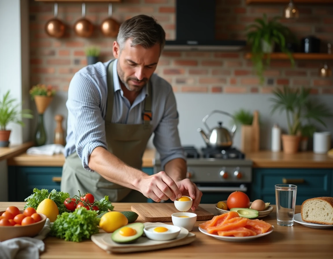 Homme préparant un brunch dominical en vérifiant la fraîcheur des œufs avec le test de l'eau avant de les cuisiner
