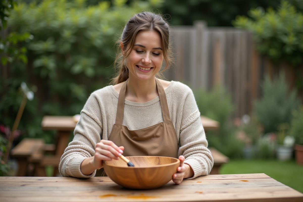 Jeune femme appliquant de la cire d abeille sur un saladier en extérieur