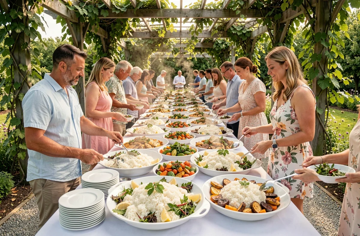 Grand buffet en plein air avec des plats de riz en quantité pour de nombreux convives