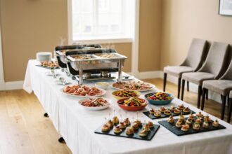 Buffet traiteur élégant dressé pour un petit groupe avec chafing dishes et plateaux de charcuterie sur nappe blanche