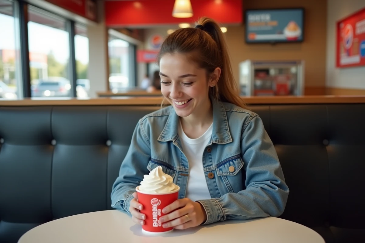 Jeune femme tenant un dessert glacé Burger King dans un restaurant avec décor en arrière-plan flou