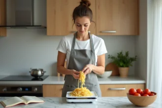 Femme pesant une portion de pâtes penne sur une balance de cuisine numérique pour calculer les calories journalières