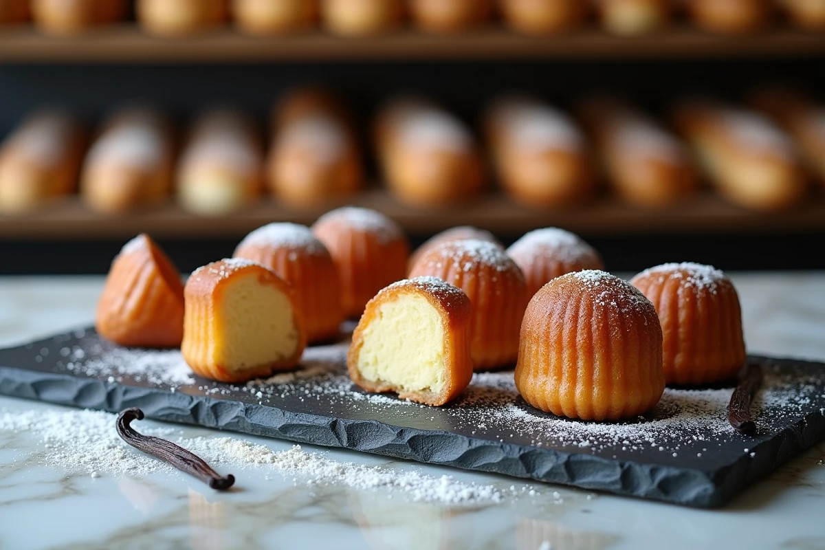 Canelés bordelais fraîchement cuits avec leur croûte caramélisée dorée sur une planche en ardoise dans une boulangerie