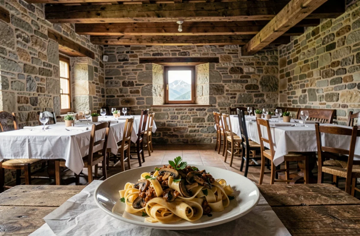 Intérieur de ferme restaurée de Cantine Lo Vetere près de Tarbes avec tagliatelles maison et vue sur les Pyrénées