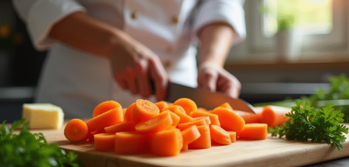 Carottes fraîches coupées en cuisine moderne avec persil et beurre