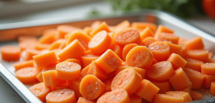 Carottes pelées et coupées prêtes à congeler sur un plateau