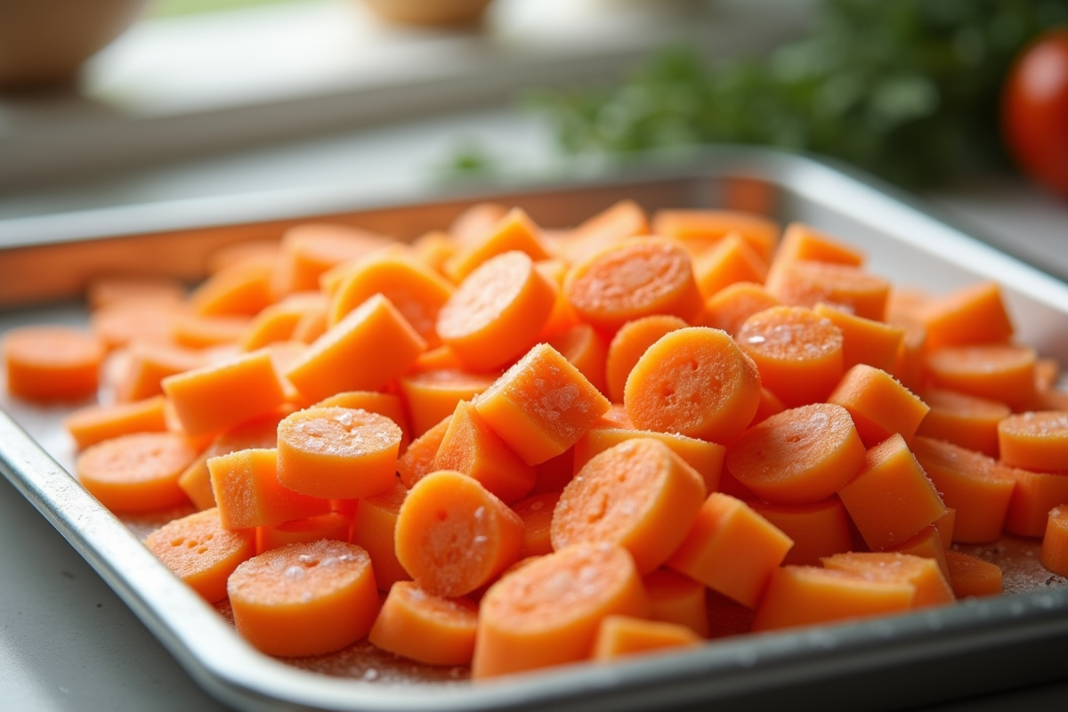 Carottes pelées et coupées prêtes à congeler sur un plateau