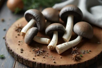 Champignons Charbonnier frais sur une planche en bois rustique avec un spécimen coupé révélant la chair blanche