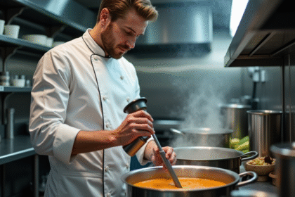 Chef en cuisine professionnelle utilisant un mixeur plongeant pour une soupe