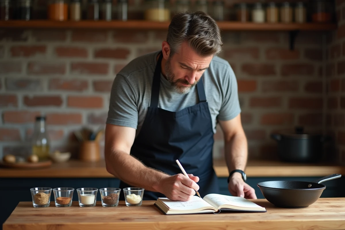 Chef cuisinant à domicile consultant un carnet de conversion centilitres en grammes avec des ramequins mesurés sur un îlot en bois