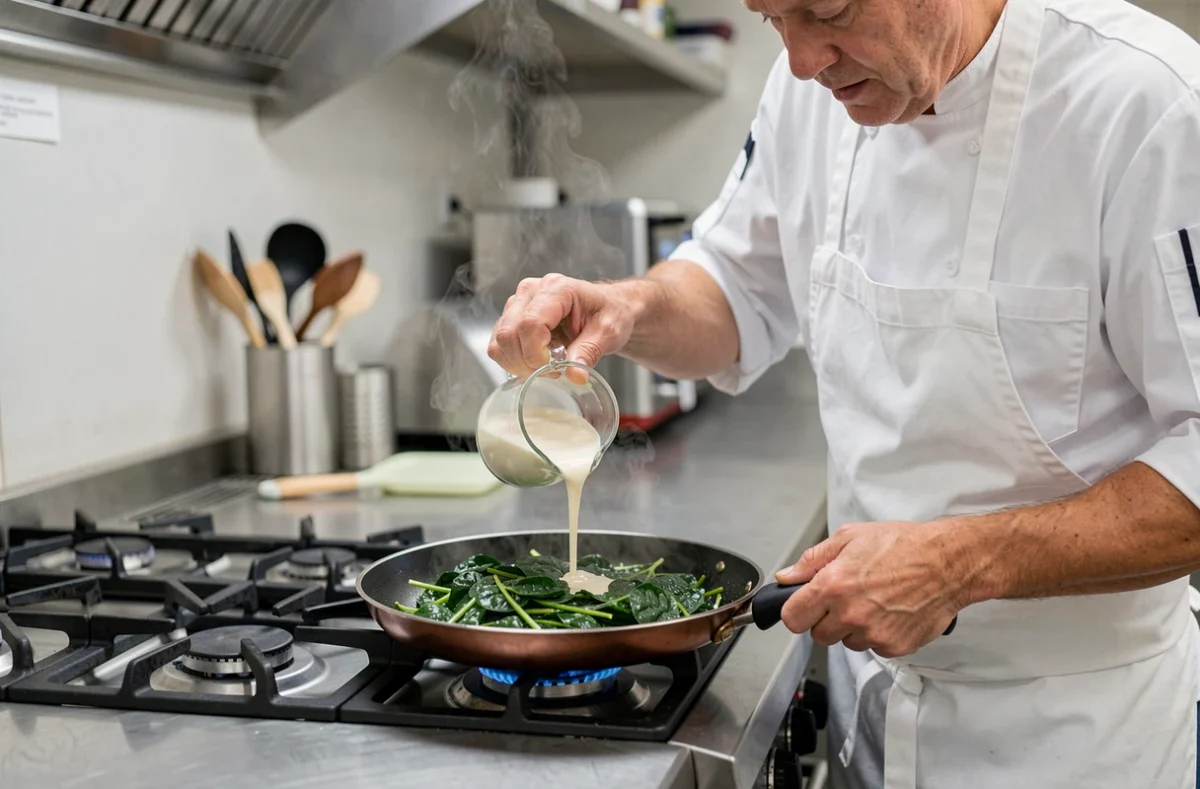 Chef versant de la crème fraîche sur des épinards sautés dans une poêle en inox sur feu vif