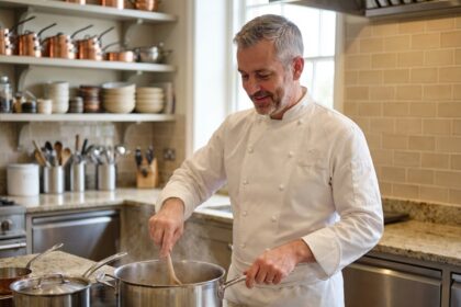 Chef professionnel en cuisine moderne en train de remuer une casserole