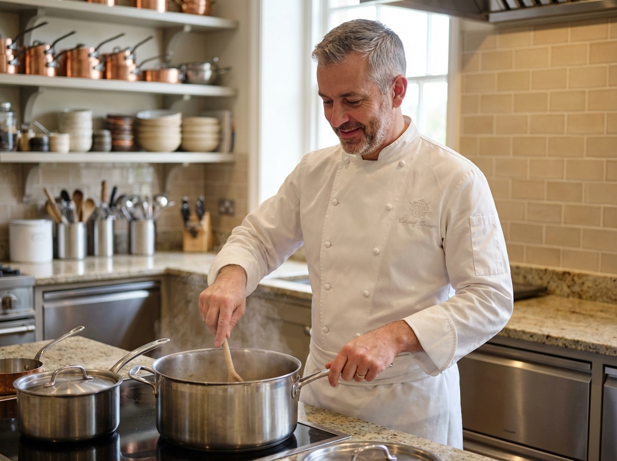 Chef professionnel en cuisine moderne en train de remuer une casserole