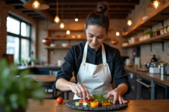 Chef d'une nouvelle adresse branchée de Lille dressant une assiette végétale créative dans une cuisine ouverte en brique apparente