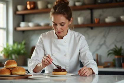 Femme chef en cuisine préparant un fraisier avec crème chocolat