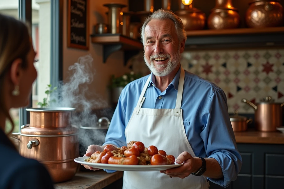 Chef lyonnais présentant une andouillette dans un bouchon convivial
